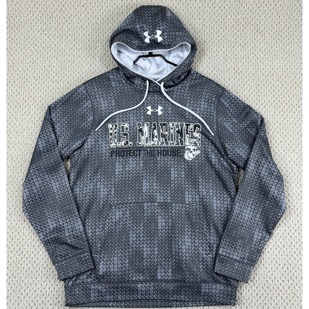 Under Armour Hoodie Mens S Gray Grid Camo US Marine Corp Fleece Pullover Loose